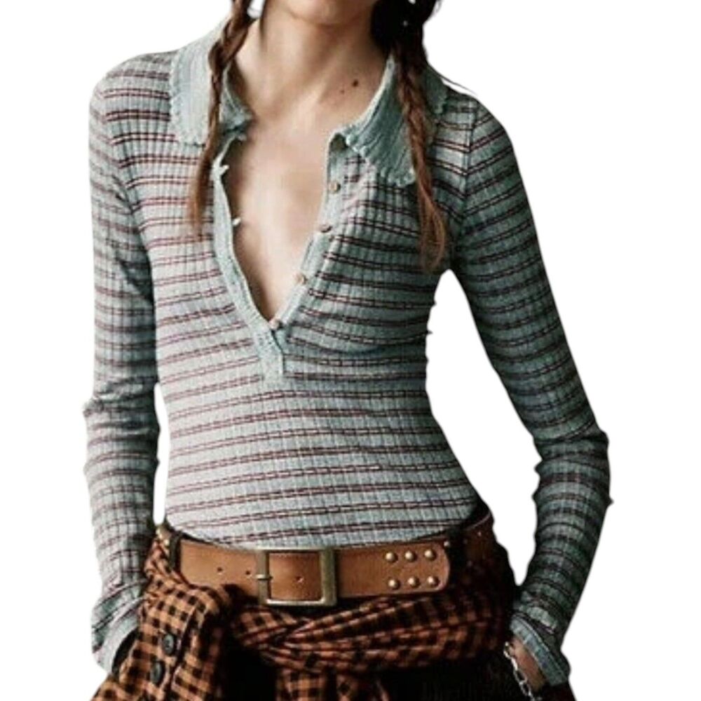 Free People Delilah Henley Top Blouse Shirt Crochet Collar Icy Blue Combo XS